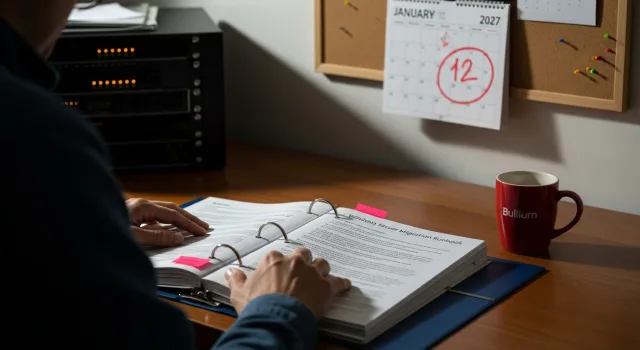 A systems administrator reviewing a Windows Server migration runbook with a January 2027 deadline circled on a calendar behind the desk