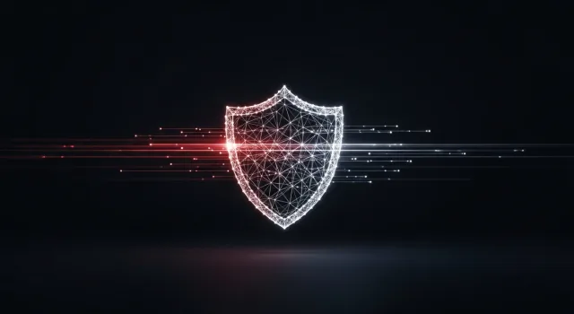 A glowing network-mesh shield with red and white light streams, representing a secure zero-trust hybrid cloud